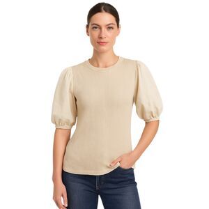 WHO WHAT WEAR Small Beige Cotton Ribbed Shirt Short Puff Sleeve Elastic Cuffs